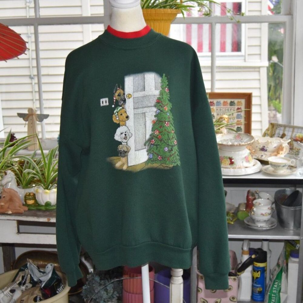 Vintage 90s Christmas Dogs Sweatshirt XL Green Puppy Tree Made USA 51 Chest